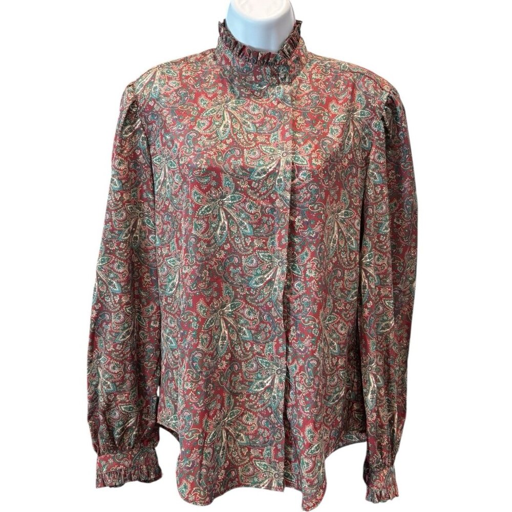Vintage Foxcroft Paisley Blouse Size 12 Ruffle Collar Longβ Sleeve Boho Retro